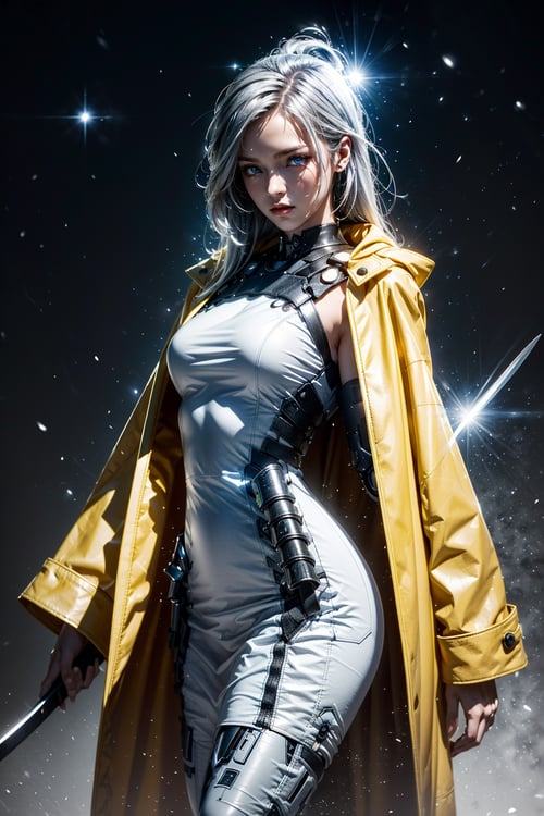  1woman, (caucasian:1.5),feminine mechanical armor body, glowing blue eyes, beautiful  long_white hair, ((very detailed yellow leather long coat)), ((white bodycon dress inside the coat)),(holding a katana), in the background there is blue:green light emitted from her shadow, light particel around the background,potcoll,mecha