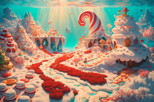(Masterpiece, best quality:1.3), highly detailed, fantasy, <lora:Candyland-10:0.75>, 8k, candyland, dynamic, cinematic, ultra-detailed, full background, fantasy, (ocean), underwater, grass, syrup, glitter, scenery, ((no humans)), drizzle, beautiful, (shiny:1.2), various colors, extremely detailed, (gradients), ((red and white theme:1.3))