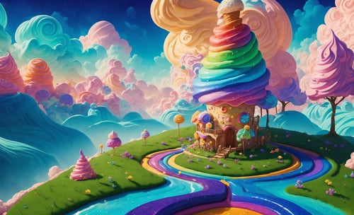 (Masterpiece, best quality:1.3), highly detailed, fantasy, image comics,  hyperrealistic, <lora:Candyland-10:0.9>, best illustration, 8k, candyland, dynamic view, cinematic, ultra-detailed, full background, fantasy, illustration, drip, sparkle, pancake:1.3), grass, syrup, glitter, scenery, ((no humans)), drizzle, beautiful, (shiny:1.2), UHDR, various colors, (details:1.2), monolithic, bloom:0.4, extremely detailed, (blue and green theme:1.3), striped, rainbow, (gradients), lively, shadow, shimmer:0.5, (glaze), colorful, rounded corners, ice cream, [tornado, vortex], ethereal, dreamy, vanishing line:0.4, ice cream cone, amazing composition, (cloud)