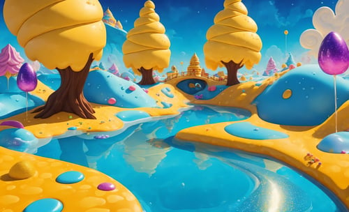(Masterpiece, best quality:1.3), highly detailed, fantasy, <lora:Candyland-10:0.95>, 8k, candyland, dynamic, cinematic, ultra-detailed, full background, fantasy, illustration, drip, sparkle, pancake:1.3), syrup, glitter, scenery, ((no humans)), drizzle, beautiful, (shiny:1.2), various colors, monolithic, bloom:0.4, extremely detailed, (yellow and blue theme:1.3), striped, smooth, round surface