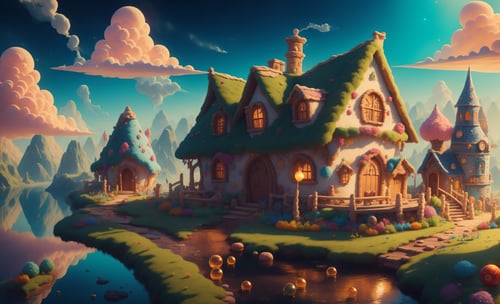 (Masterpiece, best quality:1.3), highly detailed, fantasy, <lora:Candyland-10:0.95>, 8k, candyland, dynamic, cinematic, ultra-detailed, full background, fantasy, illustration, house, cake, roof, drip, sparkle, glitter, scenery, ((no humans)), drizzle, beautiful, (shiny:1.2),  various colors, gumball machine, monolithic, bloom:0.4, extremely detailed, (multicolored theme)