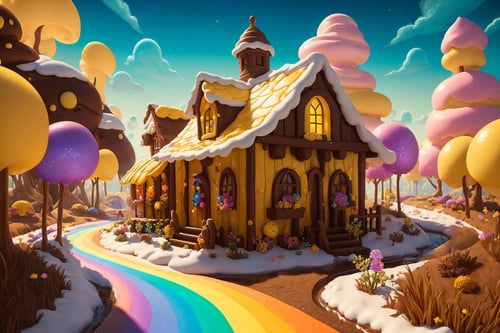 (Masterpiece, best quality:1.3), highly detailed, fantasy, <lora:Candyland-10:0.85>, 8k, candyland, dynamic, cinematic, ultra-detailed, full background, fantasy, illustration, drip, sparkle, pancake:1.3), grass, syrup, glitter, scenery, ((no humans)), drizzle, beautiful, (shiny:1.2), various colors, monolithic, bloom:0.4, extremely detailed, (yellow and brown theme:1.3), striped, rainbow, (gradients), lively, perfect composition, glaze, colorful