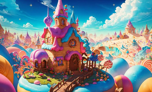 (Masterpiece, best quality:1.3), highly detailed, fantasy, <lora:Candyland-10:0.95>, 8k, candyland, dynamic, cinematic, ultra-detailed, full background, fantasy, illustration, house, cake, roof, drip, sparkle, glitter, scenery, ((no humans)), drizzle, beautiful, (shiny:1.2),  various colors, gumball machine, monolithic, bloom:0.4, sparkle, extremely detailed, multicolored theme