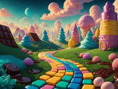 (Masterpiece, best quality:1.3), highly detailed, fantasy, fantasy art, depth of field, <lora:Candyland-10:1>, best illustration, 8k, candyland, dynamic view, cinematic, ultra-detailed, full background, fantasy, illustration, drip, sparkle, pancake:1.3), grass, syrup, yellow, glitter, scenery, ((no humans)), drizzle, beautiful, (shiny:1.2), UHDR, various colors, (details:1.2), monolithic, bloom:0.4, extremely detailed, (blue and green theme:1.3), striped, rainbow, (gradients), lively, highly detailed, shadow, shimmer:0.5, (glaze), colorful, rounded corners, ice cream, [tornado, vortex], ethereal, dreamy, vanishing line:0.4, ((chocolate bar)), amazing composition, (cloud), brick road