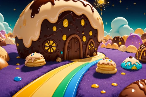 (Masterpiece, best quality:1.3), highly detailed, fantasy, <lora:Candyland-10:1>, 8k, candyland, dynamic, cinematic, ultra-detailed, full background, fantasy, illustration, drip, sparkle, pancake:1.3), grass, syrup, glitter, scenery, ((no humans)), drizzle, beautiful, (shiny:1.2), various colors, monolithic, bloom:0.4, extremely detailed, (yellow and brown theme:1.3), striped, rainbow, (gradients)