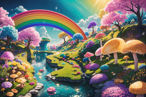(Masterpiece, best quality:1.3), highly detailed, fantasy, <lora:Candyland-10:0.6>, 8k, candyland, dynamic, cinematic, ultra-detailed, full background, fantasy, illustration, drip, sparkle, pancake:1.3), (ocean), beautiful, grass, syrup, glitter, scenery, ((no humans)), drizzle, beautiful, (shiny:1.2), various colors, monolithic, bloom:0.4, extremely detailed, (yellow and brown theme:1.3), striped, rainbow, (gradients), mushroom kingdom, lively, perfect composition