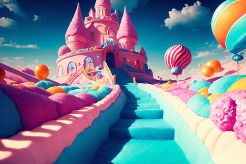 (Masterpiece, best quality:1.3), highly detailed, 8k, <lora:Candyland-10:0.85>, full background, candyland, ice cream, fantasy, rainbow, road, water, balloon, no humans, sharp focus, (depth of field), colorful, (scenery), tree, sky, ((shiny:1.2)), shadow, natural lighting, sparkle, [shimmer:0.2], cake, candy, dynamic view, fantastic, (details:1.2), extremely detailed background, atmosphere, bloom:0.4,  pastel colors, stairs, <lora:epiNoiseoffset_v2:0.15>, cinematic