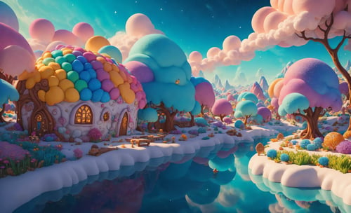 (Masterpiece, best quality:1.3), highly detailed, fantasy, <lora:Candyland-10:0.95>, 8k, candyland, dynamic, cinematic, ultra-detailed, full background, fantasy, illustration, drip, sparkle, pancake:1.3), syrup, glitter, scenery, ((no humans)), drizzle, beautiful, (shiny:1.2),  various colors, monolithic, bloom:0.4, extremely detailed, (multicolored theme)