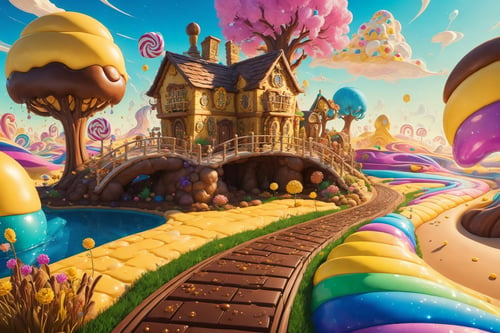 (Masterpiece, best quality:1.3), highly detailed, fantasy, <lora:Candyland-10:1>, 8k, candyland, dynamic, cinematic, ultra-detailed, full background, fantasy, illustration, drip, sparkle, pancake:1.3), grass, syrup, glitter, scenery, ((no humans)), drizzle, beautiful, (shiny:1.2), various colors, monolithic, bloom:0.4, extremely detailed, (yellow and brown theme:1.3), striped, rainbow, (gradients)