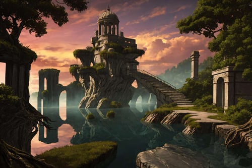 (masterpiece, best quality:1.5), absurdres, intricate details, 8k, fantasy, retro artstyle, <lora:LOD-16:0.9>, LODBG, no humans, outdoors, sky, cloud, water, tree, cloudy sky, nature, scenery, reflection, sunset, ruins, pillar, moss, overgrown,  volumetric lighting, perfect composition, highly detailed, extremely detailed landscape, (hyper detailed)