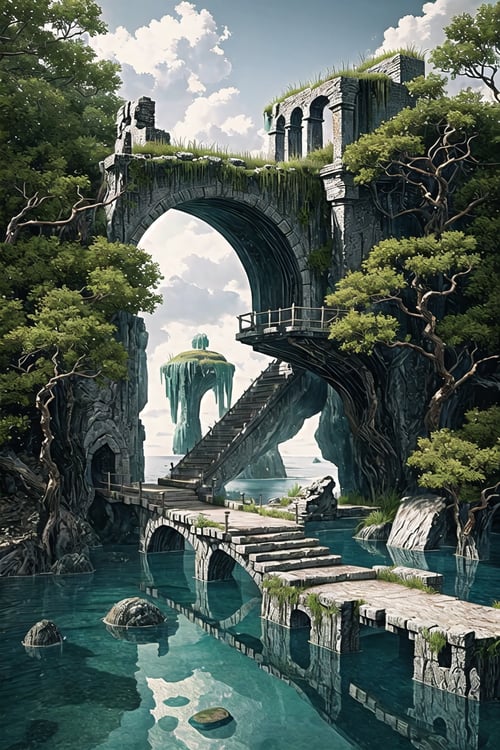 (masterpiece, best quality:1.5), absurdres, intricate details, 8k, fantasy, retro artstyle, (LODBG), no humans, outdoors, cloud, water, tree, glowing, nature, scenery, science fiction, volumetric lighting, perfect composition, highly detailed, extremely detailed landscape, (hyper detailed), ruins,LODBG,1 girl,TreeAIv2,yuzu,Endsinger,sugar_rune,wgz_style, <lora:EMS-27750-EMS:0.9>, <lora:EMS-7851-EMS:0.2>, <lora:EMS-8552-EMS:0.6>