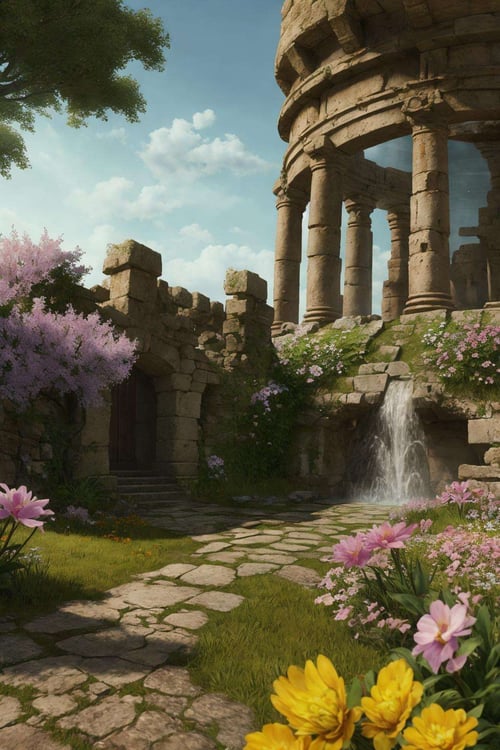 (Masterpiece, Best Quality), highres, (8k resolution wallpaper), dutch angle,  FFIXBG, full background, <lora:FFIX-10:0.9>, wide shot, fantasy, landscape, beautiful,  outdoors, (details:1.2), water, (no humans), spring \(season\), nature, flowers,  sharp focus, shadow, (deep depth of field), volumetric lighting, sunlight, day, extremely detailed background, fantastic, ancient ruins, mysterious