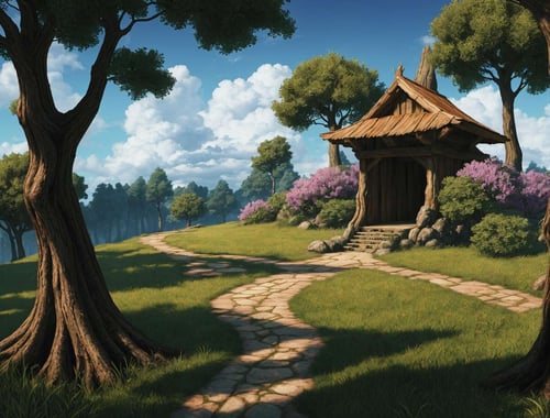 (Masterpiece, best quality:1.3), highly detailed, fantasy, hyperrealistic, <lora:FFIX-10:0.9>, best illustration, 8k, ffixbg, dynamic view, cinematic, ultra-detailed, full background, fantasy, illustration, blue sky, forest, tree, path, grass, scenery, ((no humans)), beautiful, (shiny), UHDR, various colors, (details:1.2), bloom:0.4, extremely detailed, shimmer:0.5, colorful, ethereal, dreamy, vanishing line:0.4,  amazing composition, (cloud)