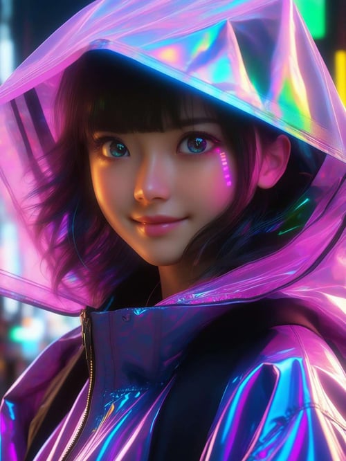 masterpiece, best quality, half body, portrait, night city, 1girl, anime, 3D, Japan, pixar, realistic, teen girl, smiling, cute face, harajuku fashion style, rain coat, beautiful, colourful, neon lights, cyberpunk, smooth skin, illustration, by stanley artgerm lau, sideways glance, foreshortening, extremely detailed 8K, smooth, high resolution, ultra quality, highly detail eyes, highly detail mouth, highly detailed face, perfect eyes, both eyes are the same, glare, Iridescent, Global illumination, hd, 8k realistic light and shadow, bright Eyes, fluorescent eyes