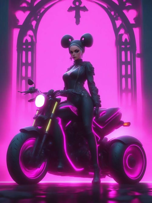 A female realistic portrait gothic skull character with buns hair and wearing a magenta gothic outfit, big skull cap, standing next to neon motercycle coming out of the gate of skulls, in the style of gothic dark and macabre, 2d game art, flurocescent colours, strong facial expression, cinematic lighting, chinapunk, violent, rtx on, eye - catching, black paintings, in the style of Artgerm