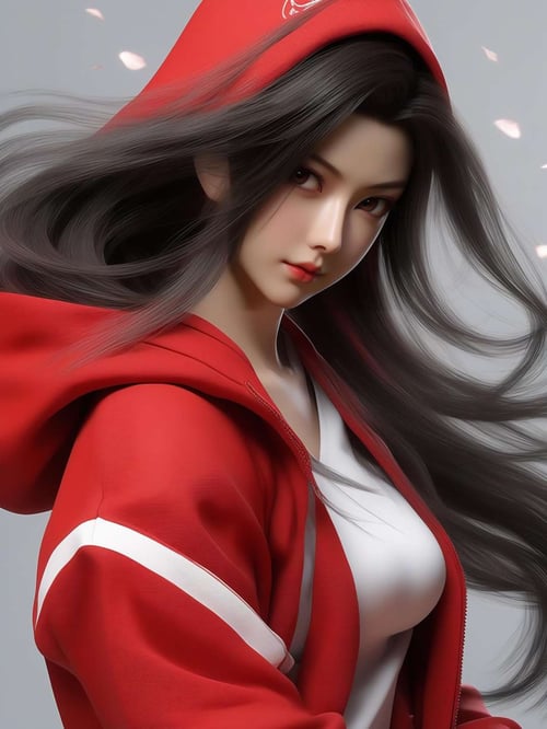 Mai Shiranui，女孩，旗袍，Dream, cute girl on a red hoodie, in the style of yuumei, realistic hyper - detailed rendering, yumihiko amano, zhang jingna, wiccan, trace monotone, rtx on ，細緻的背景