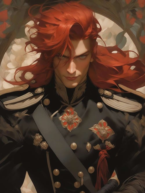Realistic painting of chest shot portrait of a red hair young man in black military uniform holding a whip in hand with evil smile, high angle view, floral arrangement, leather, elegant, alfons mucha, art nouveau - inspired illustration, art deco, dreamlike figures, oshare kei, visual kei, red and dark black, dark background, hyper - realistic details, detailed character illustrations, 8k, ultra hd, ultra detailed