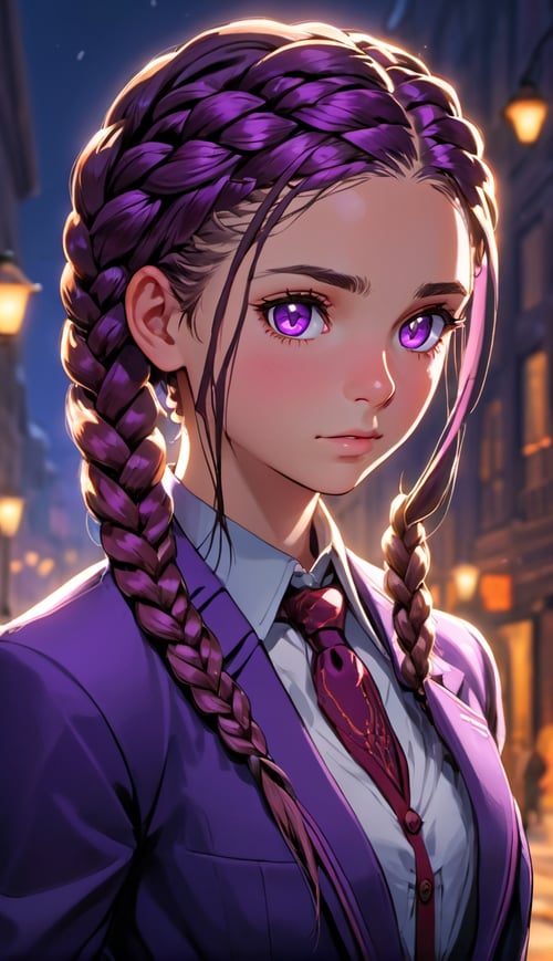 (best quality:1.3),masterpiece,beautiful detailed glow,textile shading,absurdres,highres,dynamic lighting,intricate detailed,beautiful eyes,(1girl, solo:1.5),(pov),Braids, aubergine hair, amethyst eyes, intellectual, tailored blazer,(backlighting),(face lighting),(looking of viewer),(Winter)
