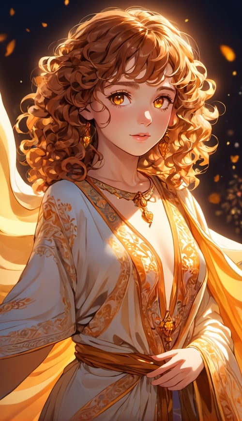 (best quality:1.3),masterpiece,beautiful detailed glow,textile shading,absurdres,highres,dynamic lighting,intricate detailed,beautiful eyes,(1girl, solo:1.5),(pov),Curly, honey hair, amber eyes, warm-hearted, flowing kaftan,(backlighting),(face lighting),(looking of viewer),(Winter)