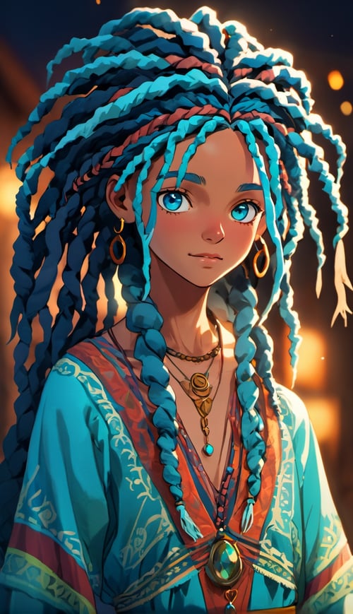 (best quality:1.3),masterpiece,beautiful detailed glow,textile shading,absurdres,highres,dynamic lighting,intricate detailed,beautiful eyes,(1girl, solo:1.5),(pov),Dreadlocks, indigo hair, turquoise eyes, free-spirited, bohemian dress,(backlighting),(face lighting),(looking of viewer),(Winter)