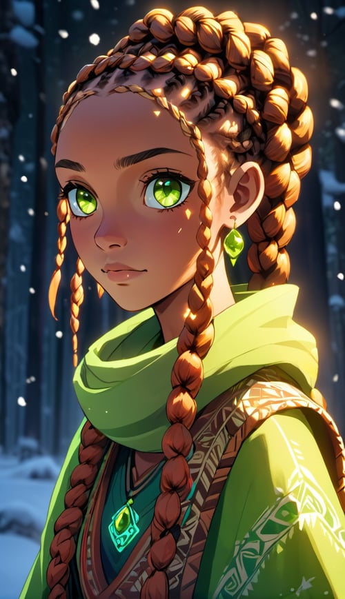 (best quality:1.3),masterpiece,beautiful detailed glow,textile shading,absurdres,highres,dynamic lighting,intricate detailed,beautiful eyes,(1girl, solo:1.5),(pov),Cornrows, jade hair, peridot eyes, spiritual, tribal-inspired attire,(backlighting),(face lighting),(looking of viewer),(Winter)