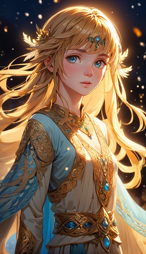 (best quality:1.3),masterpiece,beautiful detailed glow,textile shading,absurdres,highres,dynamic lighting,intricate detailed,beautiful eyes,(1girl, solo:1.5),(pov),Fringe, golden hair, oceanic eyes, enchanting, flowing tunic,(backlighting),(face lighting),(looking of viewer),(Winter)
