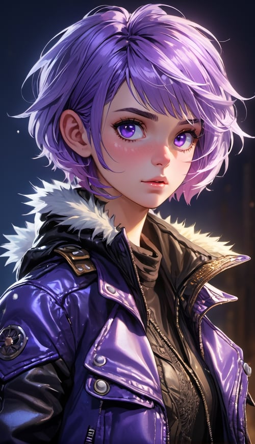 (best quality:1.3),masterpiece,beautiful detailed glow,textile shading,absurdres,highres,dynamic lighting,intricate detailed,beautiful eyes,(1girl, solo:1.5),(portrait),Short and spiky, lavender hair, periwinkle eyes, bold, leather jacket,(backlighting),(face lighting),(looking of viewer),(Winter)