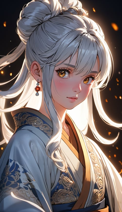 (best quality:1.3),masterpiece,beautiful detailed glow,textile shading,absurdres,highres,dynamic lighting,intricate detailed,beautiful eyes,(1girl, solo:1.5),(pov),Top knot, silver-white hair, stormy gray eyes, wise, embroidered robe,(backlighting),(face lighting),(looking of viewer),(Winter)