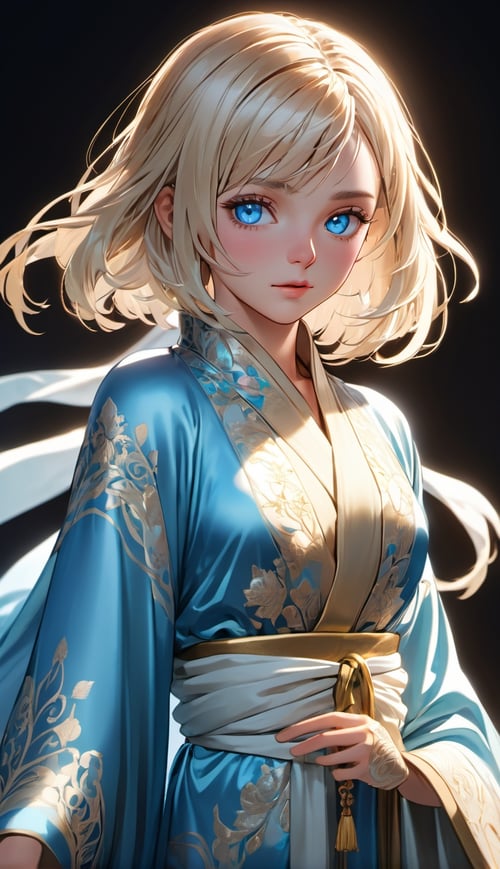 (best quality:1.3),masterpiece,beautiful detailed glow,textile shading,absurdres,highres,dynamic lighting,intricate detailed,beautiful eyes,(1girl, solo:1.5),(full body),Bob, platinum hair, icy blue eyes, alluring, silk robe,(backlighting),(face lighting),(looking of viewer),(Winter)
