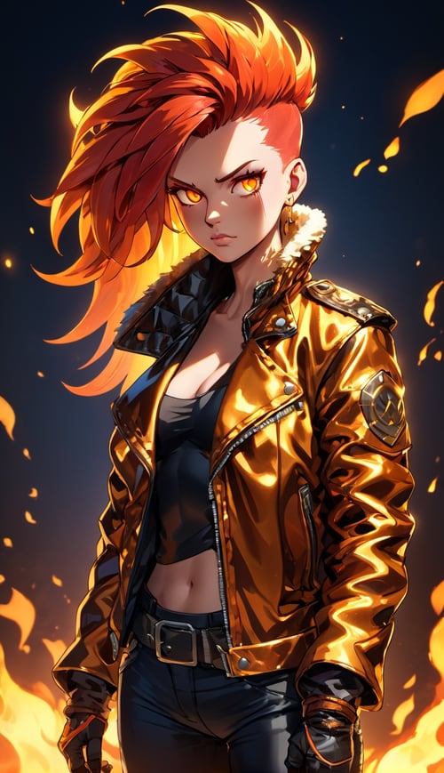 (best quality:1.3),masterpiece,beautiful detailed glow,textile shading,absurdres,highres,dynamic lighting,intricate detailed,beautiful eyes,(1girl, solo:1.5),(full body),Mohawk, flame-red hair, molten gold eyes, rebellious, biker jacket,(backlighting),(face lighting),(looking of viewer),(Winter)