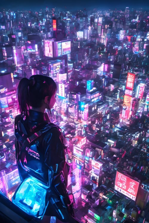 1girl, standing on top building, cyber, cyberpunk style, Tokyo city, neon light, night, buildings, highres, realistic, 