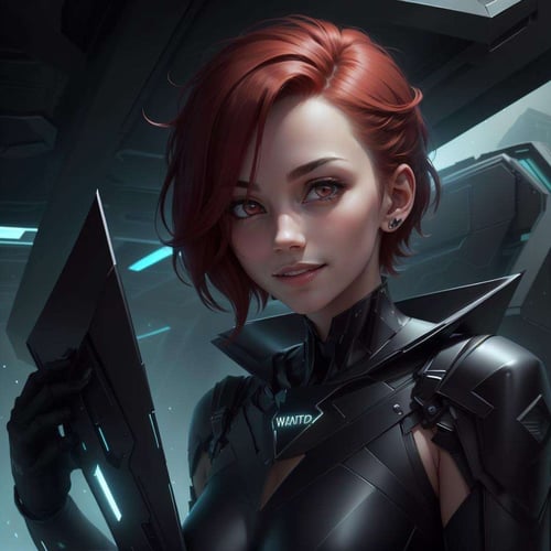 <lora:StealthTech-20:1>, stealthtech ,scifi ,cutting edge , sleek  angular , scholar , scroll, 1girl,short hair, red hair, glowing eyes, smile ,closed mouth,