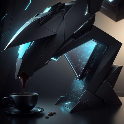 <lora:StealthTech-20:1>, stealthtech ,scifi ,cutting edge , sleek  angular , coffee machine , pouring into mug,