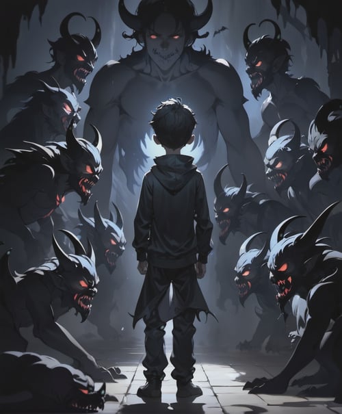 a sad boy lost in the darkness with scary demons shadows around him,