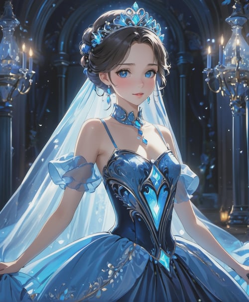 the princess is in a light blue ball gown, in the style of night photography, detailed illustrations, dark and intricate, 32k uhd, full body, glowing lights, dark blue