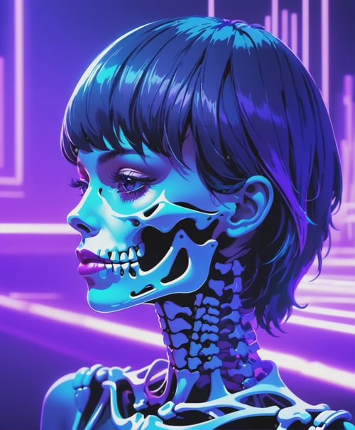 a woman is showing her skeleton on her face, purple neon lights, in the style of richard phillips, bess hamiti, gareth pugh, low resolution, detailed, uniformly staged images, 8k resolution