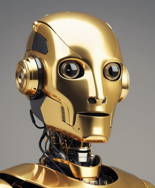 a portrait of a generic-looking robot from the 1980s, almost entirely gold in color, very realistic