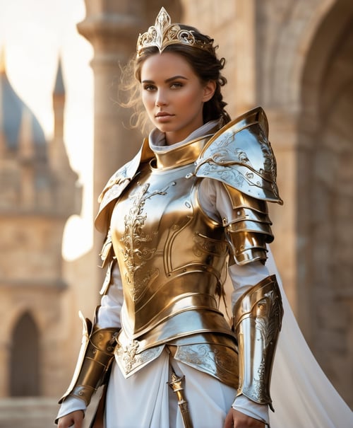 prererve her facial features. She is a knight of an epic fantasy realm. Armored in white and gold, elegant poise.