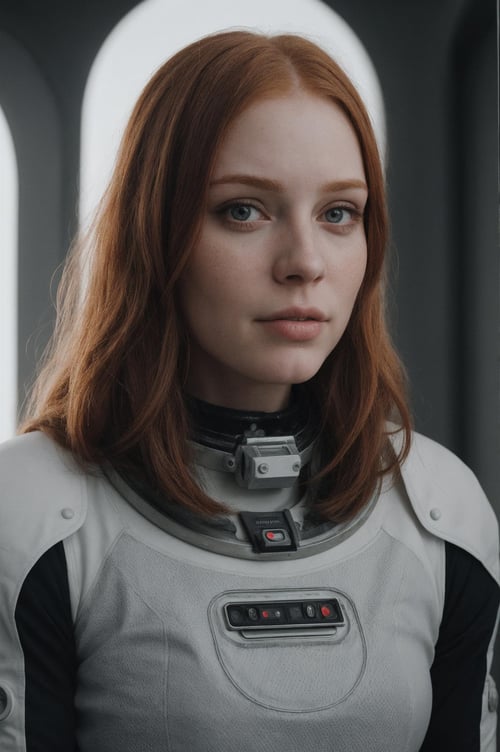 ginger woman, in space, futuristic space suit, (freckles:0.8) cute face, sci-fi, dystopian