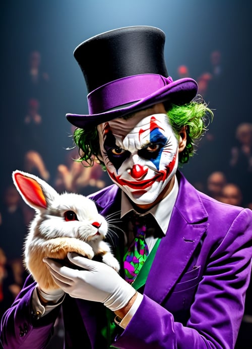  PEJoker, joker,
performing a magic trick, pulling a bunny out of a hat,
on stage, 
masterpiece, high resolution, octance 4k, high detail,

