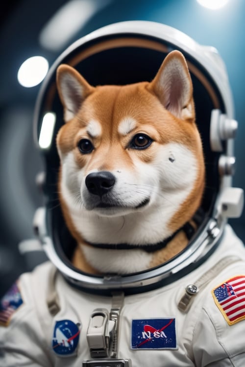 cinematic film still shiba inu as an astronaut . shallow depth of field, vignette, highly detailed, high budget, bokeh, cinemascope, moody, epic, gorgeous, film grain, grainy 
