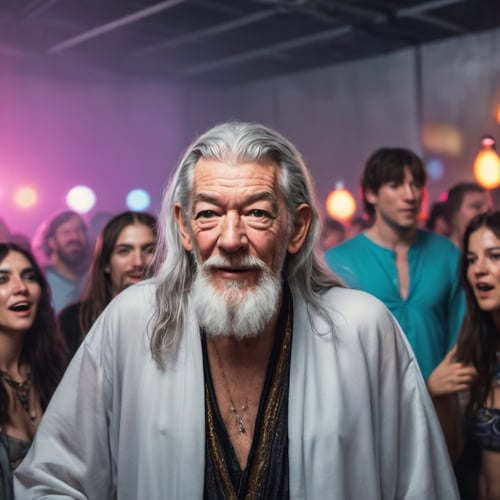a Photorealistic  Ian McKellen as a Gandal the grey from LOTR  wearing rave party clothes from  90's style,  long white beard, at the Rave Party in 90's. dancefloor, colorful lights, people dancing
