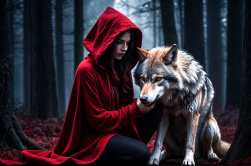 (dark magic), (grim), grimdark, creepy tale, wolf and girl, red clothes and hood,  dark background, kneeling,
(intricate details), (hyperdetailed), 8k hdr, high detailed, lot of details, high quality, soft cinematic light, dramatic atmosphere, atmospheric perspective
