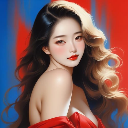 Bare shoulder,sexy, cleavage,medium breast, 1 girl,asia lady, long wavy hair,simple background,(blue gradient background), (masterpiece,best quality) red lips, blood,niji style, realistic