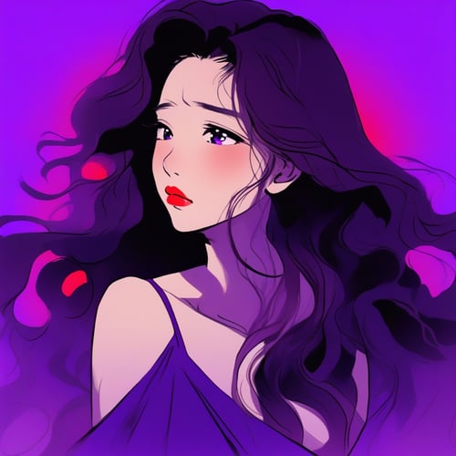 are shoulder,sexy, cleavage,medium breast, 1 girl,asia lady, portrait, long wavy hair, Wool,simple background,(electric purple gradient background), (masterpiece,best quality), red lips, cry, tears,niji style