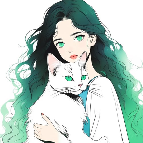 (masterpiece,best quality,niji style),little girl standing next to cute white cat,long wavy hair, black hair, green gradient background, front view, lips,blue eyes, sexy, large breast, sketch