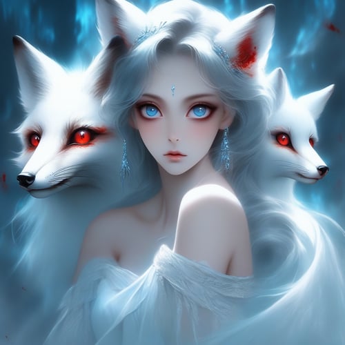 (masterpiece,best quality,niji style),sexy lady, bare shoulder,big eyes, fox, light blue backgroud,blood, ghosts,3d real