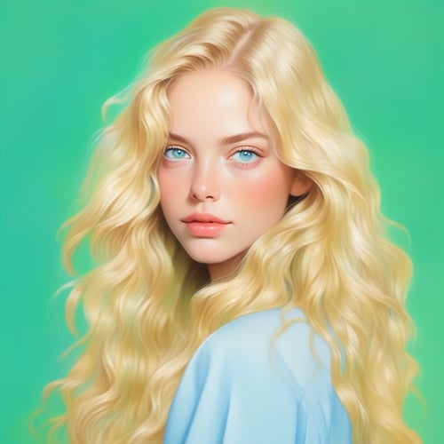 (masterpiece,best quality,niji style),full body, cute girl,long wavy hair, blonde hair, green background, realistic,front view, lips,blue eyes
