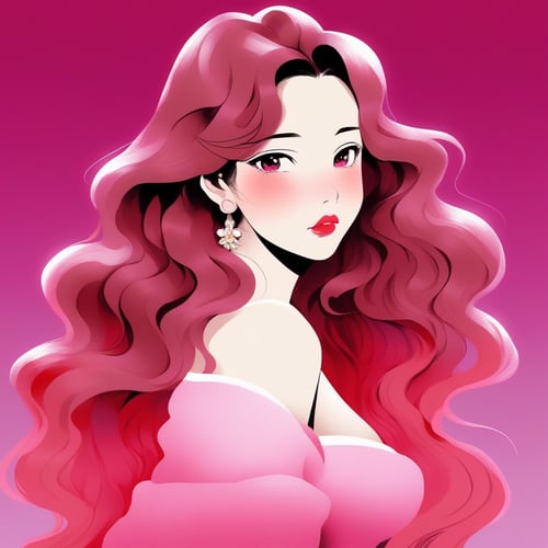 are shoulder,sexy, cleavage,medium breast, 1 girl,asia lady, portrait, long wavy hair, Wool,simple background,(deep pink gradient background), (masterpiece,best quality), red lips, cry,niji style
