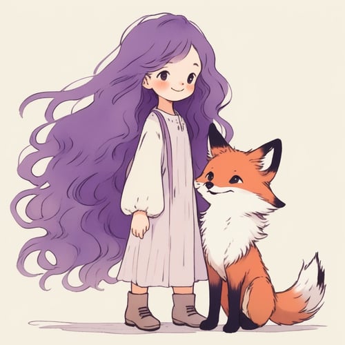 little girl standing next to cute fox,smile, lips,Lisbon, long wavy Purple hair, drawings,(niji style, ghibli anime style:1.2)